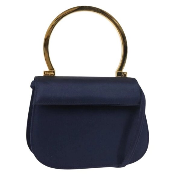 Salvatore Ferragamo Gancini Hand Bag Satin 2way Navy Gold Auth 142663 - Picture 2 of 16